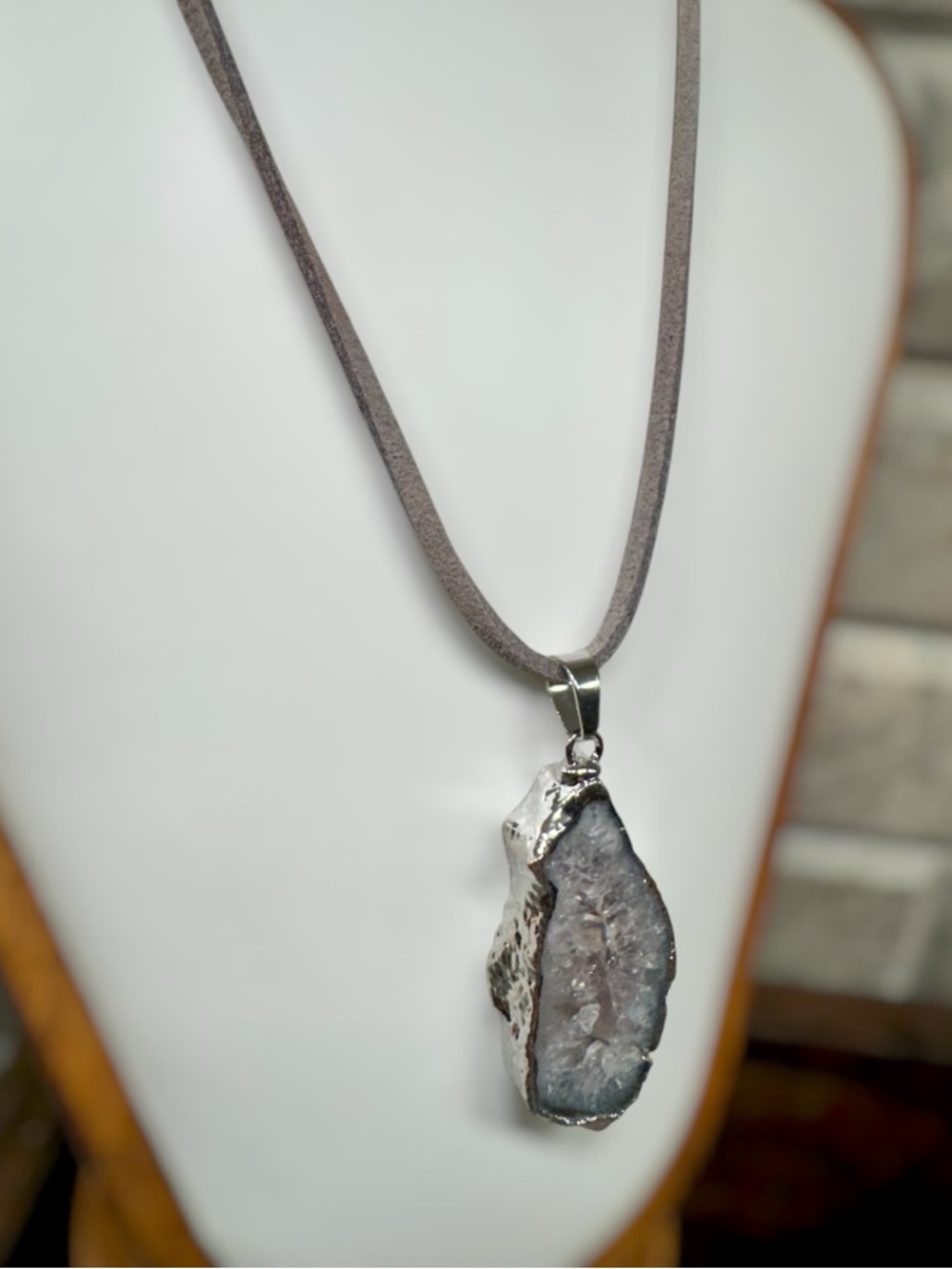 Handmade Gray Druzy Geode Pendant Necklace on Gray Suede Cord
